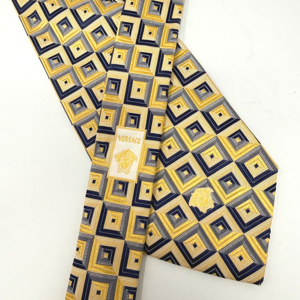 Versace Mens Silk Tie Yellow Navy Blue Geometric Medusa Head Made in Italy
